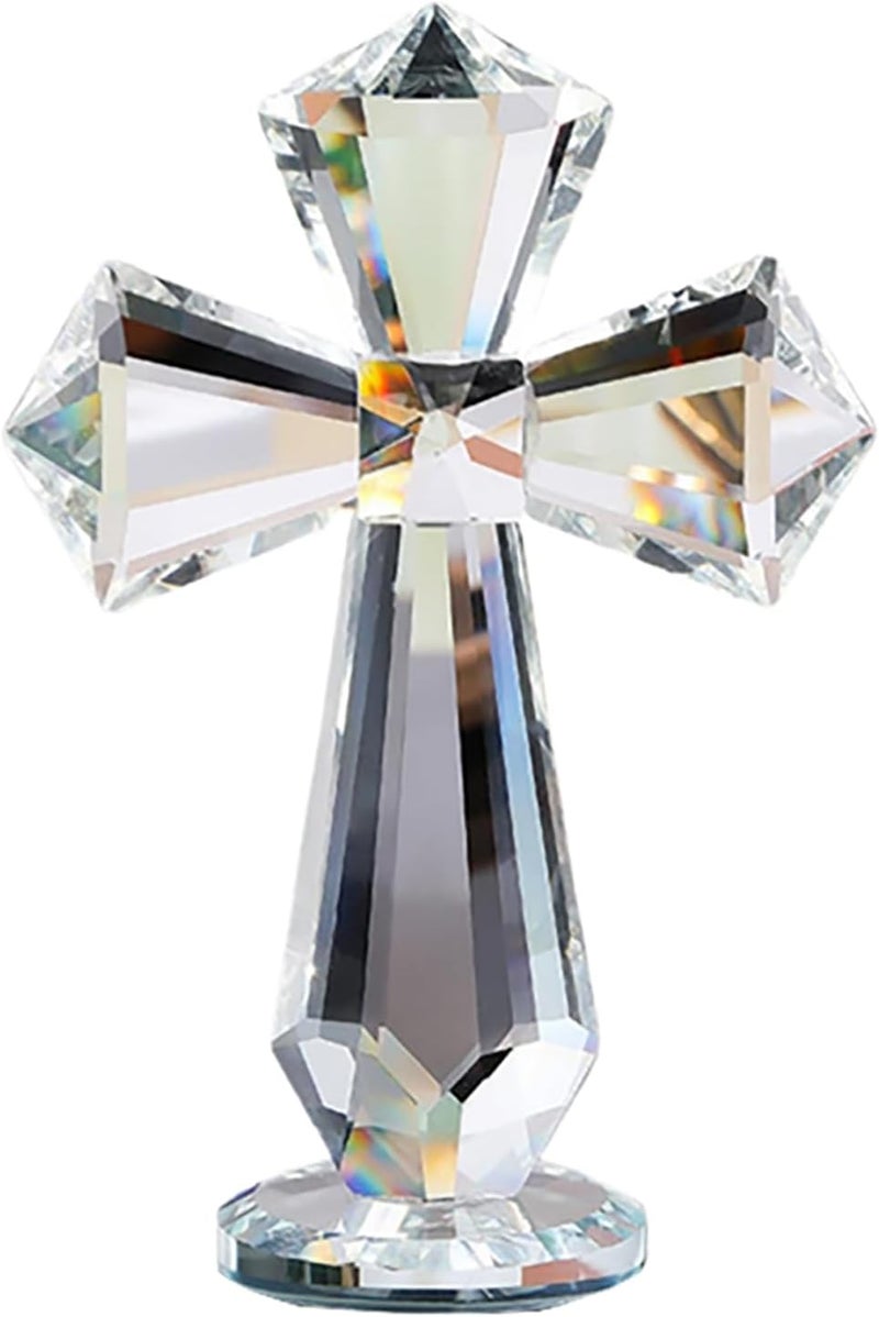 Rotroyce Hand-Carved Crystal Cross Desk Decor - 6 Inch Spiritual Gift for Christians, Clear K9 Crystal Religious Figurine with 360° Faceted Design, Home Altar & Office Inspirational Ornament (Transparent) - Image 1